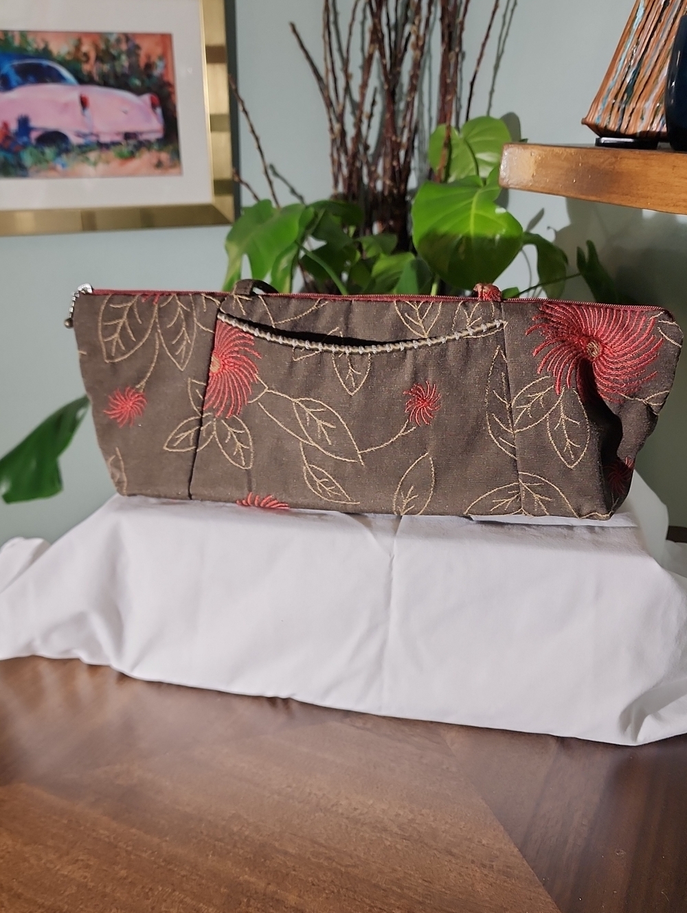 Maruca Millie Lu Embroidered Brown Shoulder Bag with Red Floral Accents
